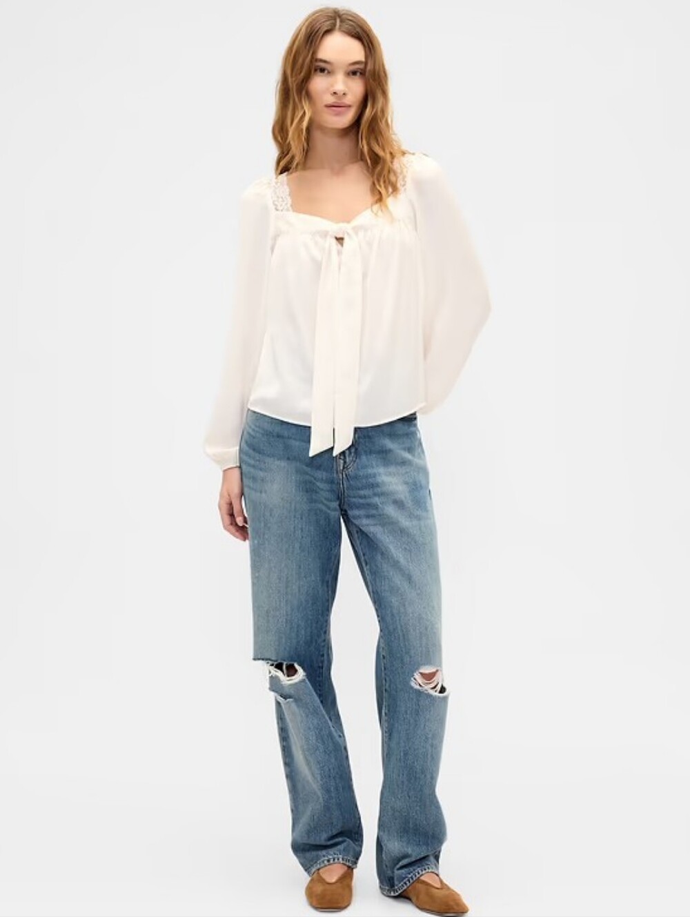 NWT - GAP Oversized Lace Trim Cream Long-Sleeve Tie-Front Blouse - Size XL - Picture 5 of 13